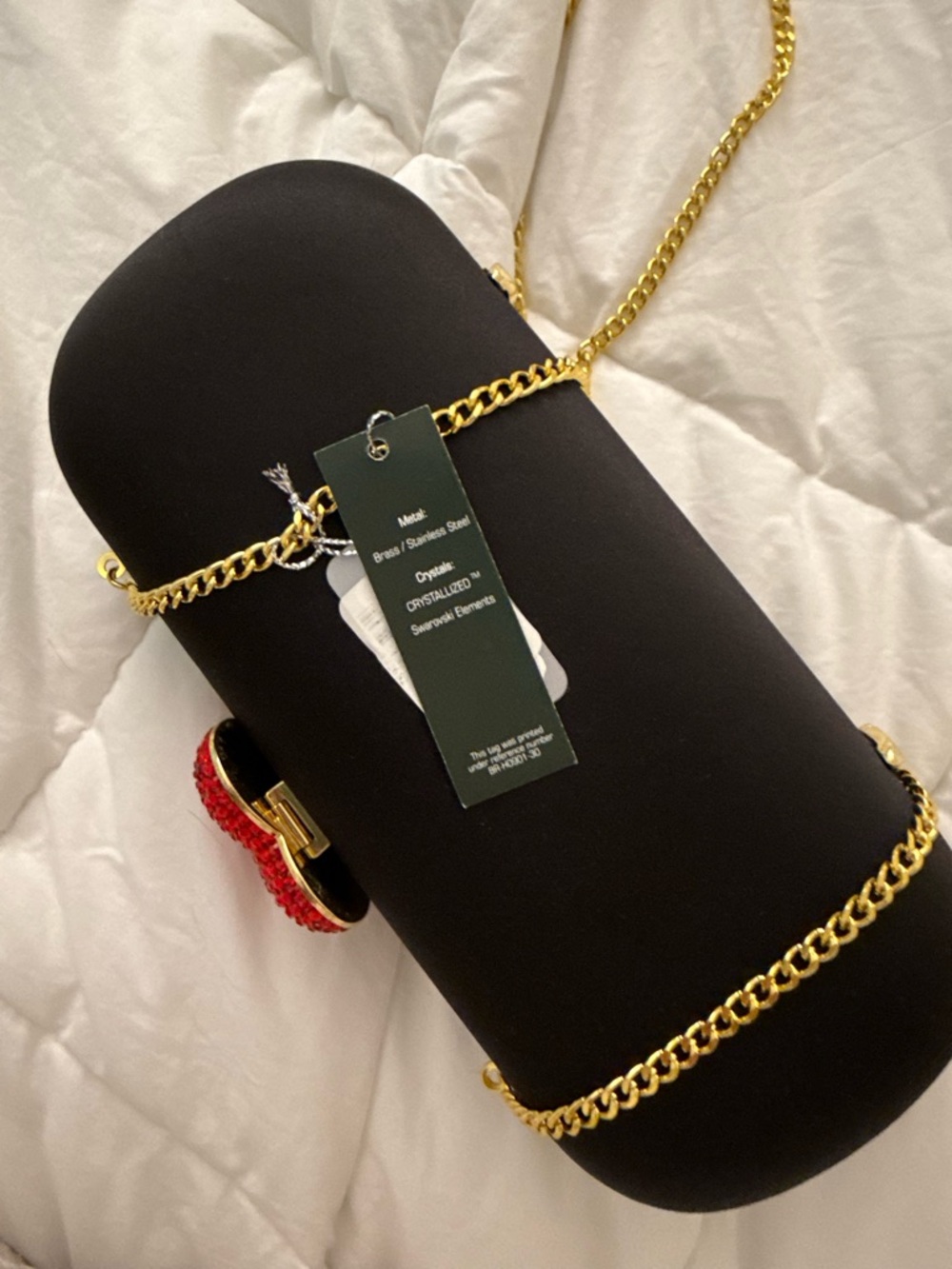 Black Hardcase Clutch with Gold Chain & Red Crystal Heart Accent